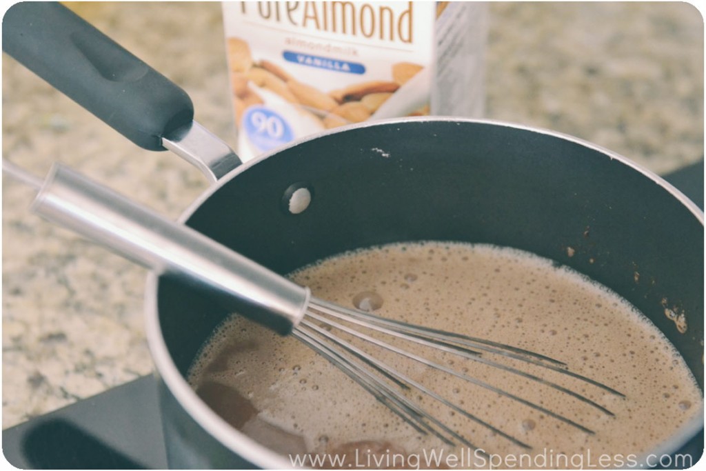 Stir in Silk Almond Milk to saucepan and whisk. 