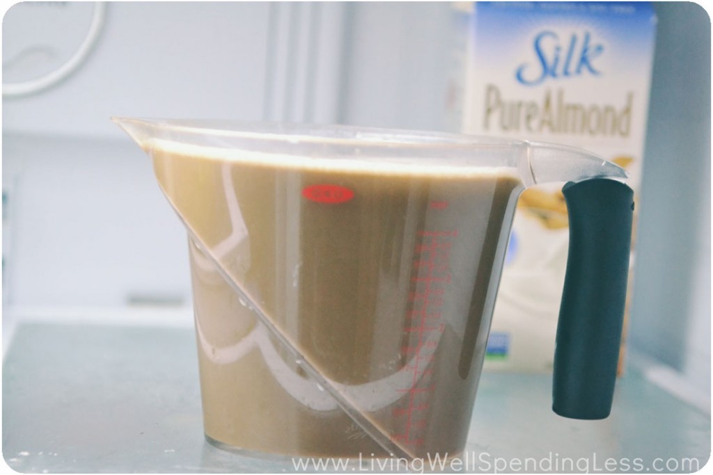 Pour finished mixture into liquid measuring cup and place in fridge to cool. 