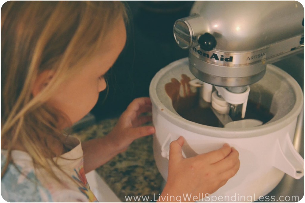 Turn mixer on low and mix until ice cream begins to thicken.