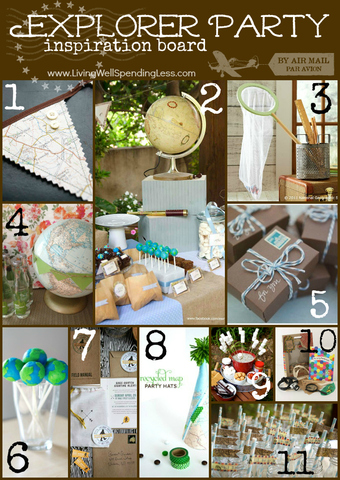 Explorer party inspiration board with plenty of cute party ideas for kids. 