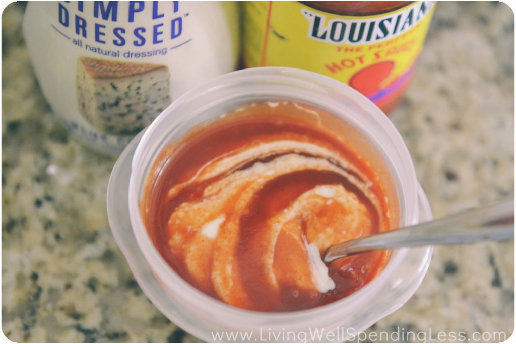 Mix blue cheese dressing and hot sauce to make the dip for the deep fried cauliflower.