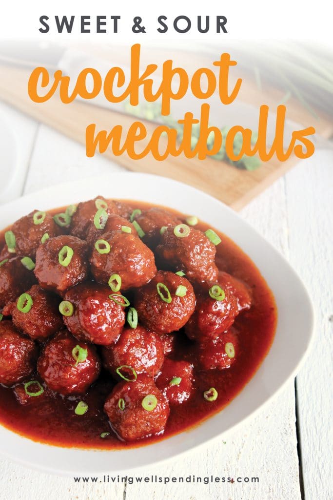 The BEST recipe for Sweet & Sour Crockpot Meatballs! Just 5 ingredients and 5 minutes of time, these meatballs are always the hit of any party or potluck!
