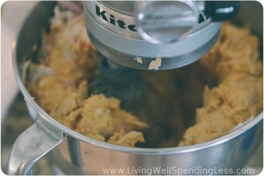 Mix until chicken is well blended into the cream cheese mixture.