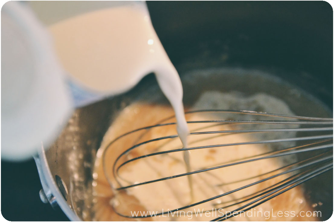 Slowly add evaporated milk to flour mixture. 