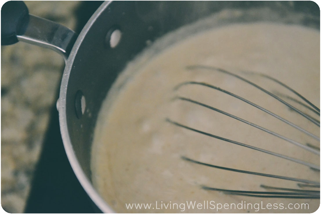 Add cream and seasonings to mixture, stirring constantly. 
