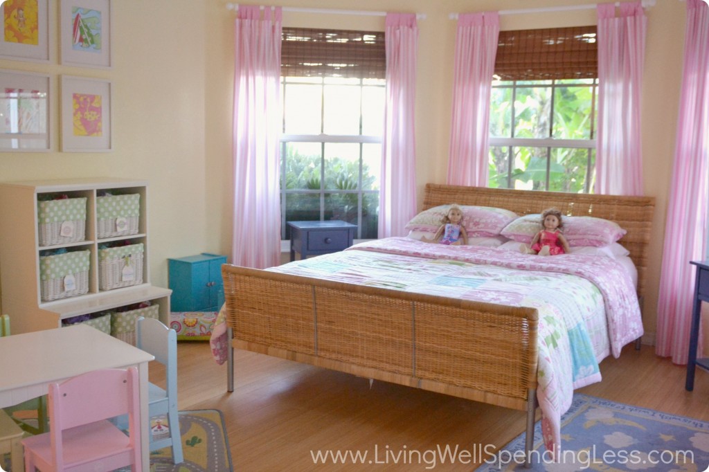 My daughters' room now is neatly organized with fewer toys. Their pink and yellow bedroom is clean and clutter free.