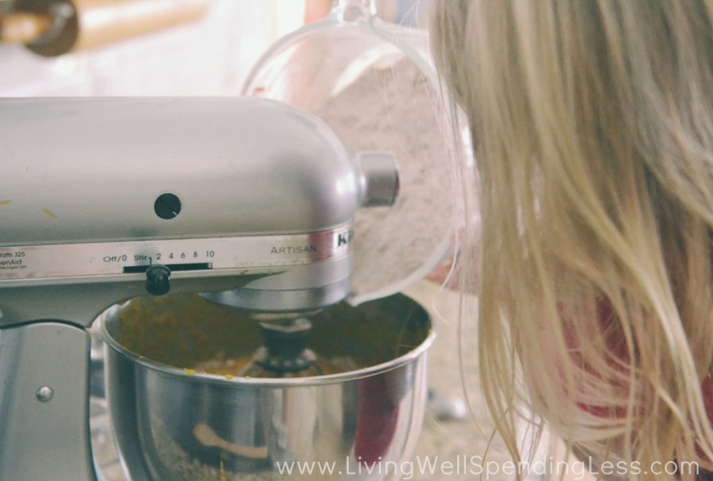 With mixer on low, slowly add flour mixture to wet ingredients.