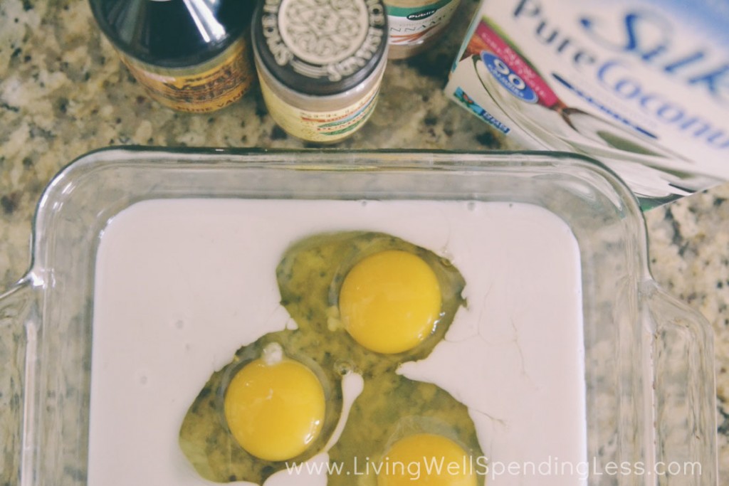 Add coconut milk and eggs to a low dish.