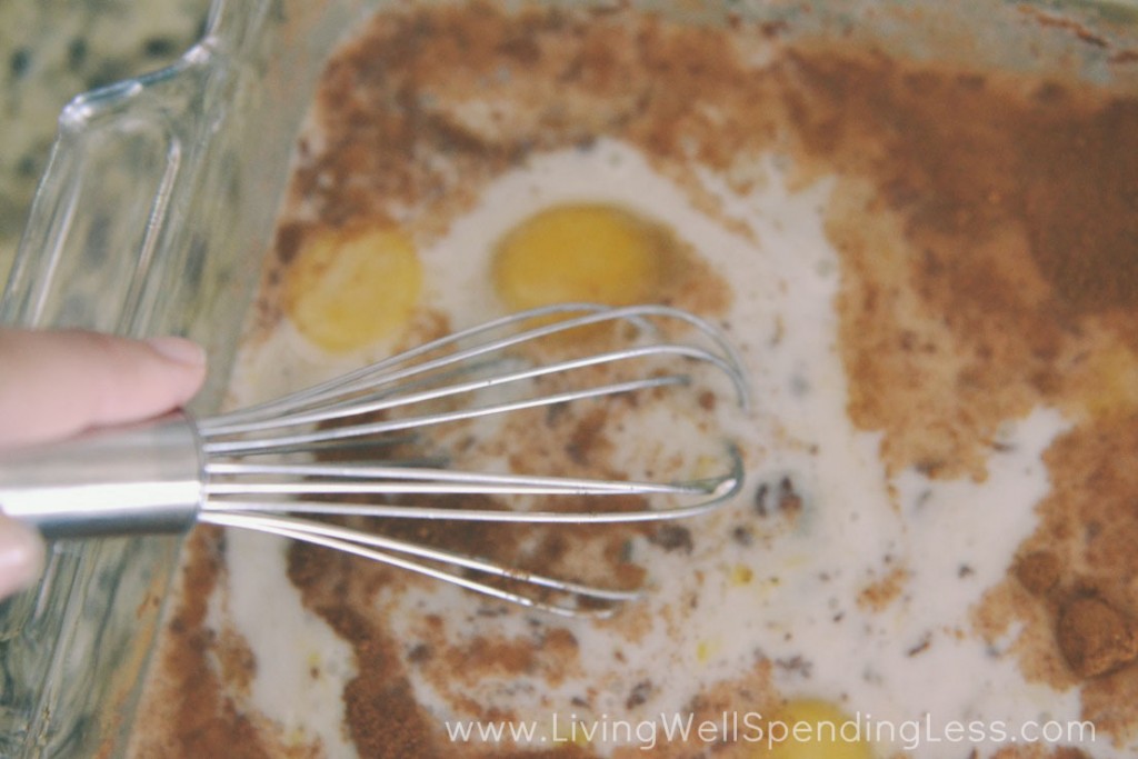 Add vanilla, maple syrup, cinnamon, and pumpkin pie spice to eggs then mix well. 