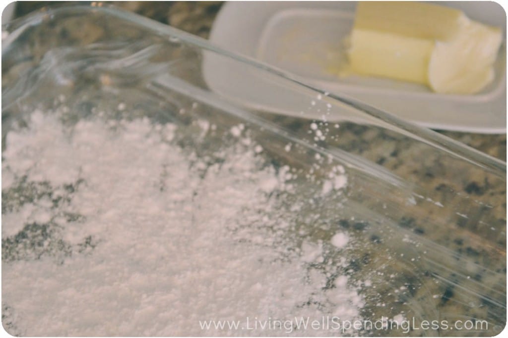 Mix together corn starch and powdered sugar then sprinkle over dish until coated. 