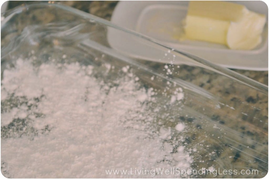 Mix together corn starch and powdered sugar then sprinkle over dish until coated.
