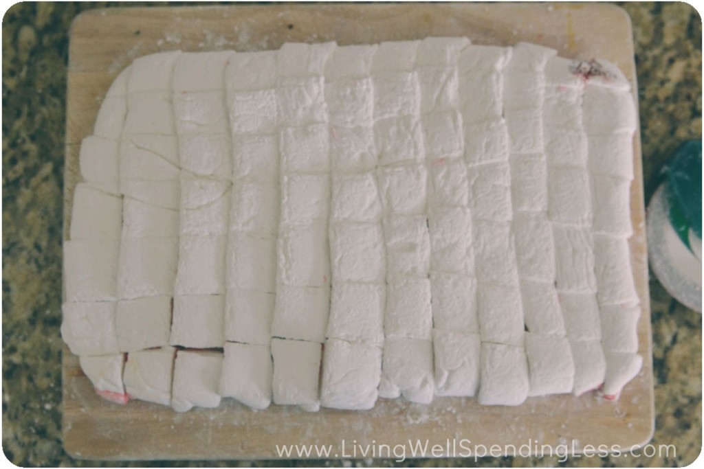 Cut finished peppermint marshmallows into squares. 