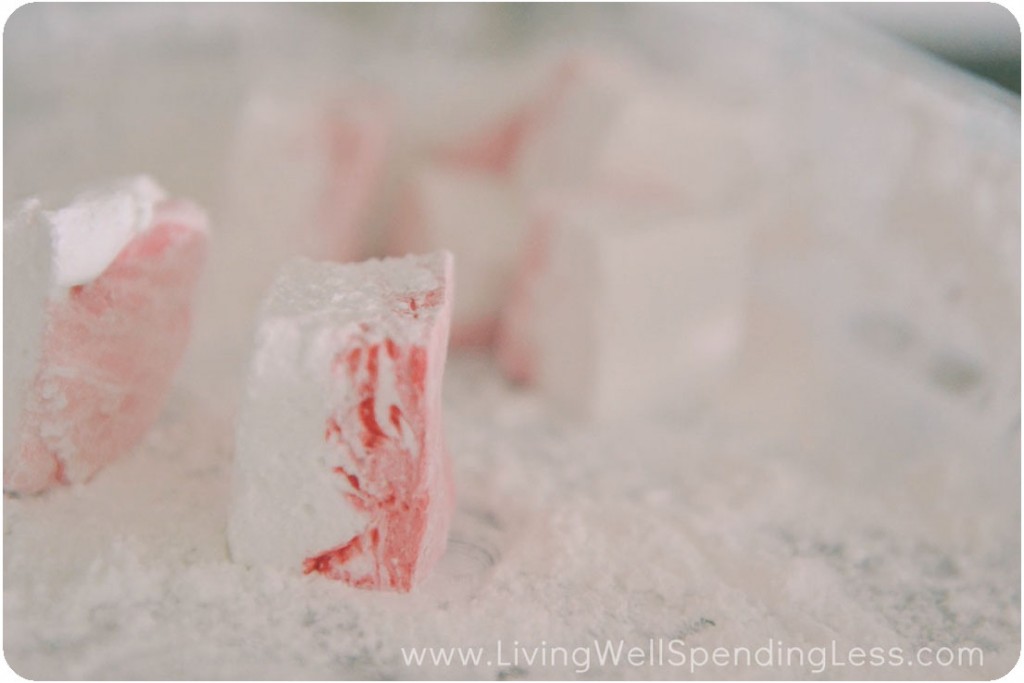 Coat marshmallows with cornstarch/powdered sugar mixture then serve. 