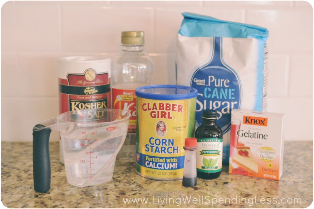 Assemble your peppermint marshmallow ingredients: water, salt, corn syrup, corn starch, peppermint extract, gelatine, sugar, and red food coloring. 