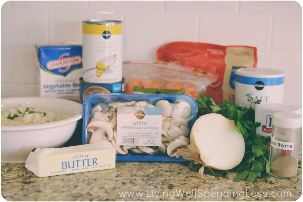 Assemble your ingredients: Butter, onion, vegetarian protein crumbles, mushrooms, carrots, vegetable broth, corn, Progresso Recipe Starters, mushroom flavoring, fresh parsley, dried thyme, salt, pepper, flour, sharp cheddar cheese and roasted garlic mashed cauliflower.