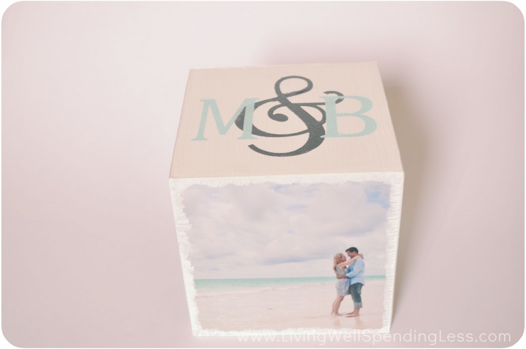 This DIY photo block was made for a couple; it includes their honeymoon pictures and their initials from their wedding invites.