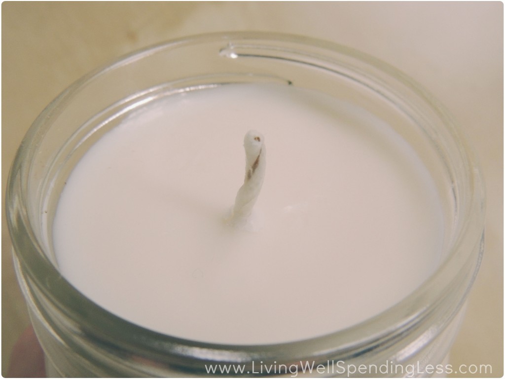 When the wax has cooled in your homemade candle, you'll want to trim the wick to a quarter inch. 