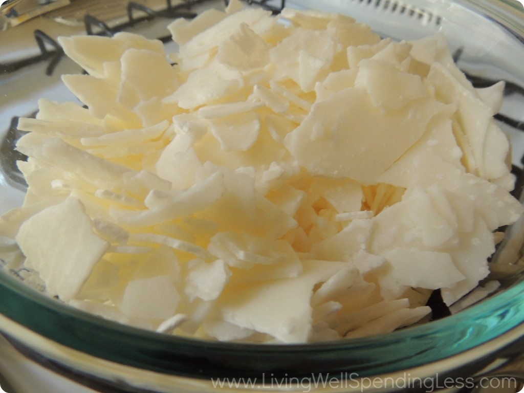 This DIY candle project begins by melting your wax. In this case I used soy wax chips. 
