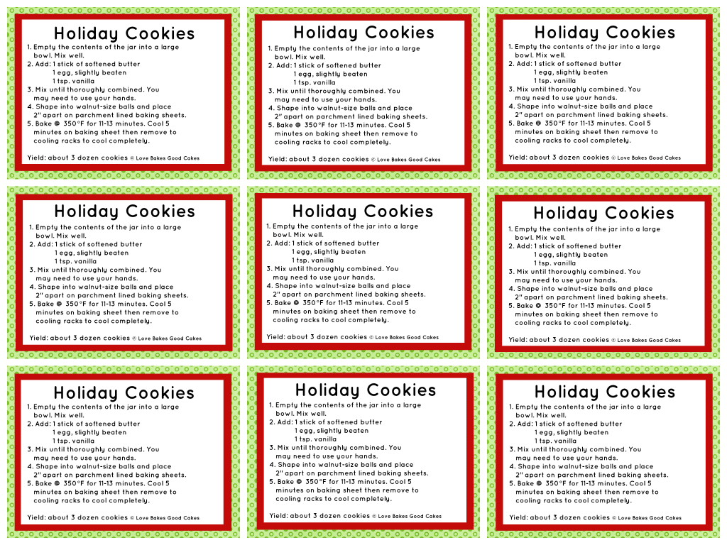 Printable holiday cookie recipe cards