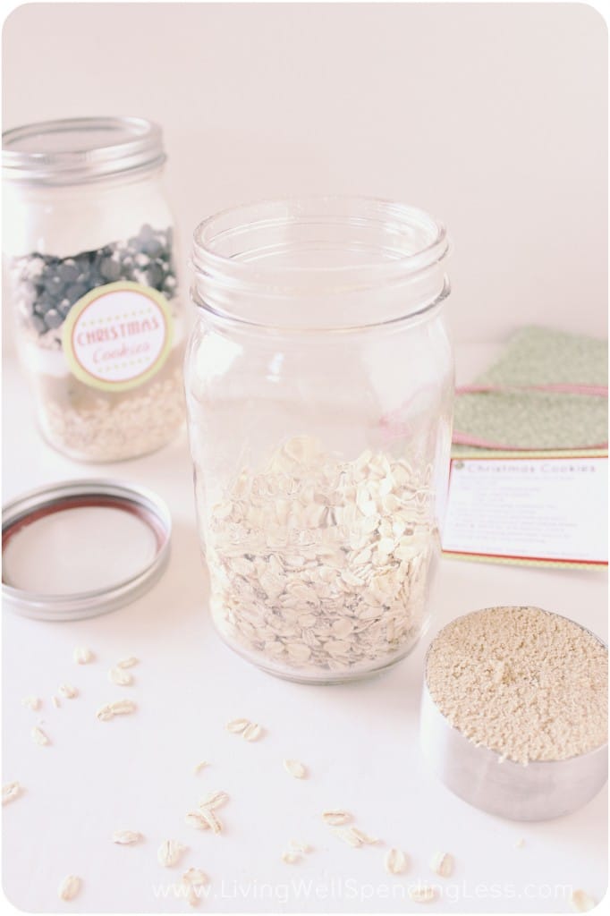 Add the dry ingredients to a mason jar, layering them to make them look extra delicious!