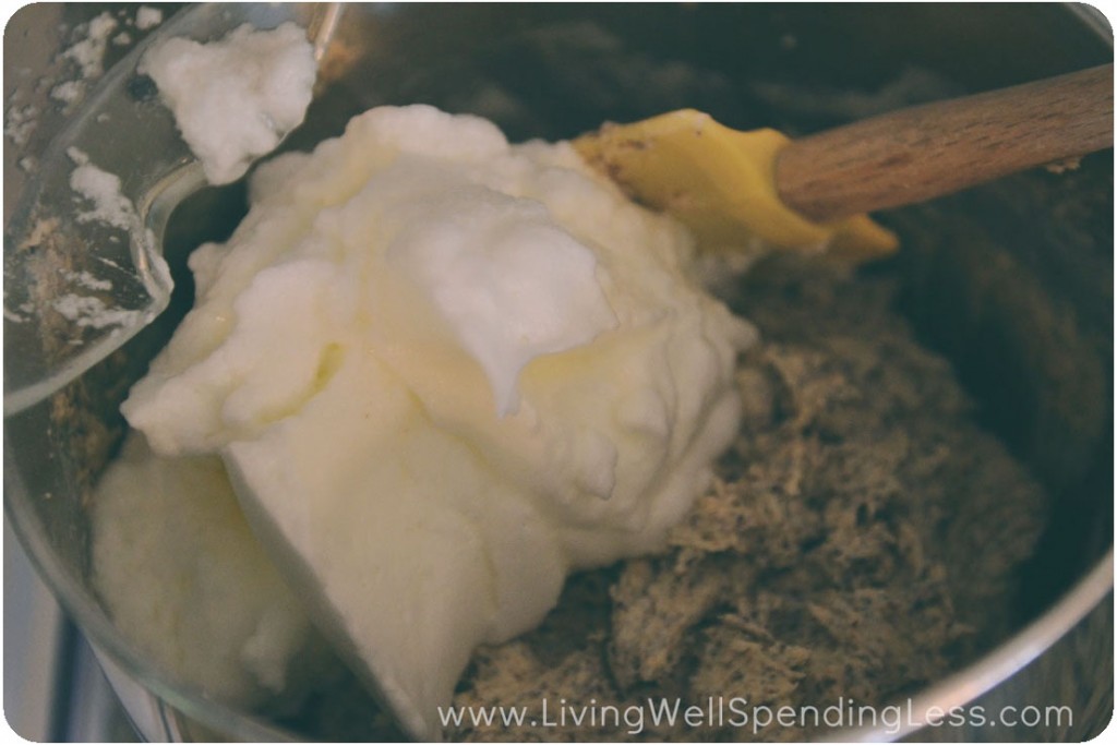 Fold the egg whites into the batter. 