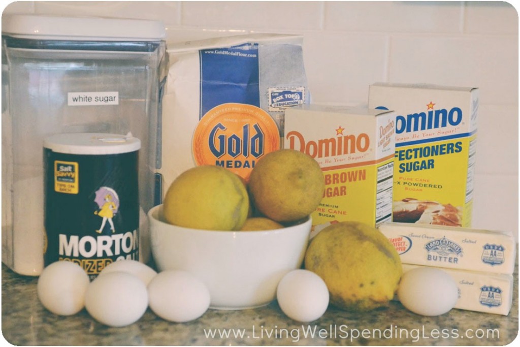 Assemble your ingredients for the lemon bars: sugar, salt, flour, brown sugar, eggs, confectioners sugar, and butter