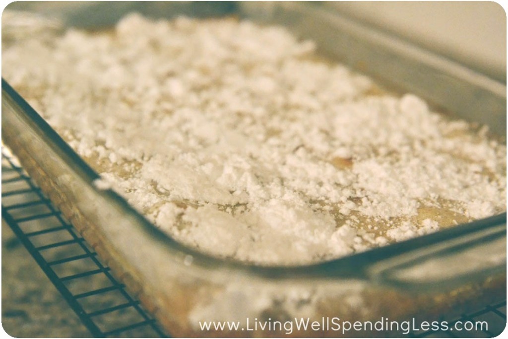 Sprinkle fresh lemon bars generously with powdered sugar.