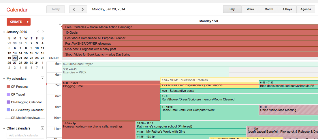 My Google calendar looks full, but I use color coding to keep it organized.