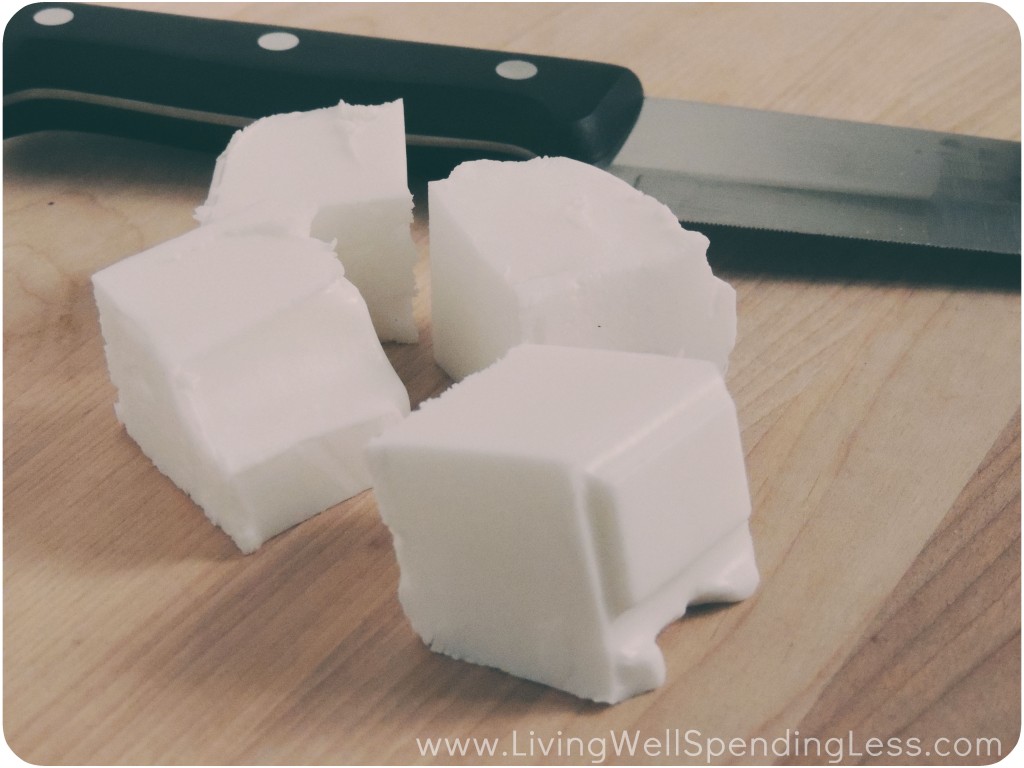 Cut the soap into chunks using a kitchen knife. 