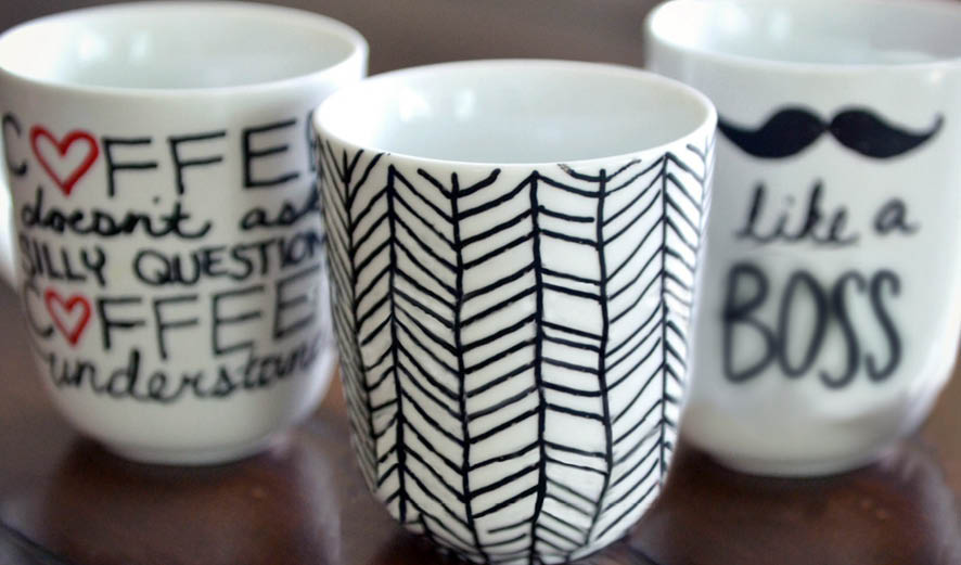 Set of 3. Hand painted ceramic mugs porcelain coffee tea cup black and white unique art gift
