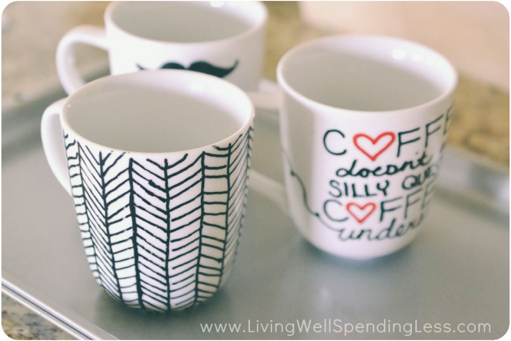 Once your DIY Sharpie mugs are painted, they simply go into the oven to set. 