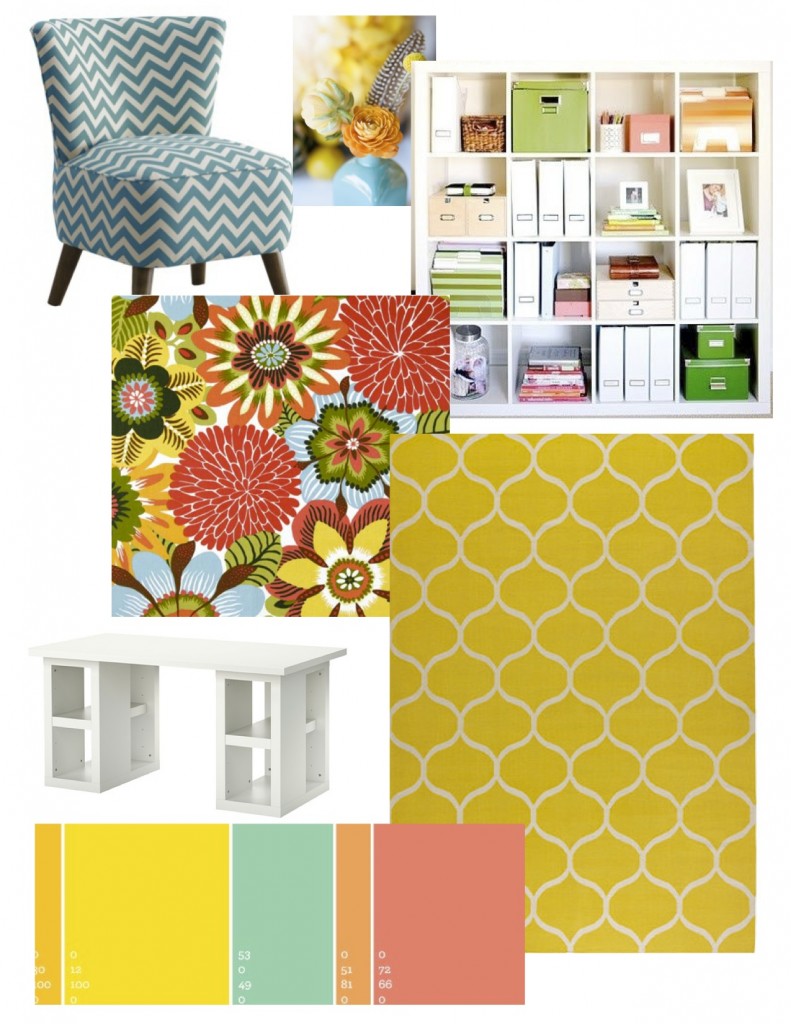 The first step to decorating my office was to make an inspiration board with the yellow, teal and orange color scheme I wanted to use. 
