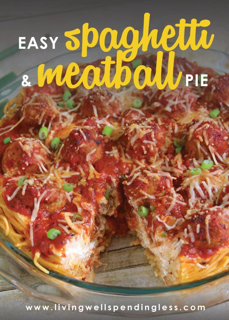 This Easy Spaghetti and Meatball Pie only requires 5 simple ingredients! All that you probably already have on hand. This is a great week night meal for those busy nights when you don't know what to cook.