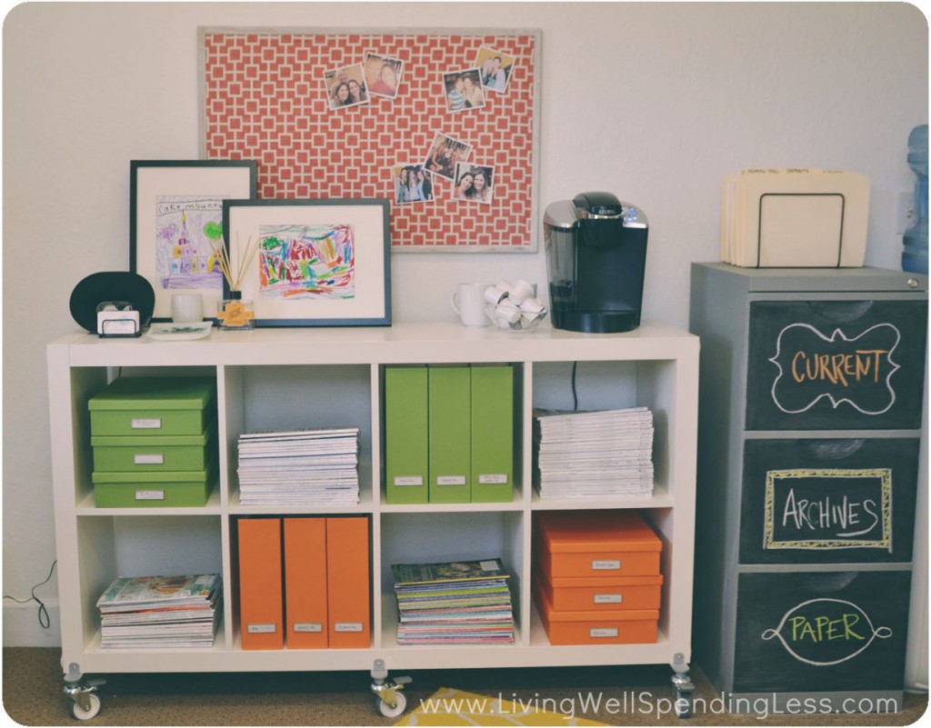 My documents and magazines got organized into green and orange containers on my file shelf. 