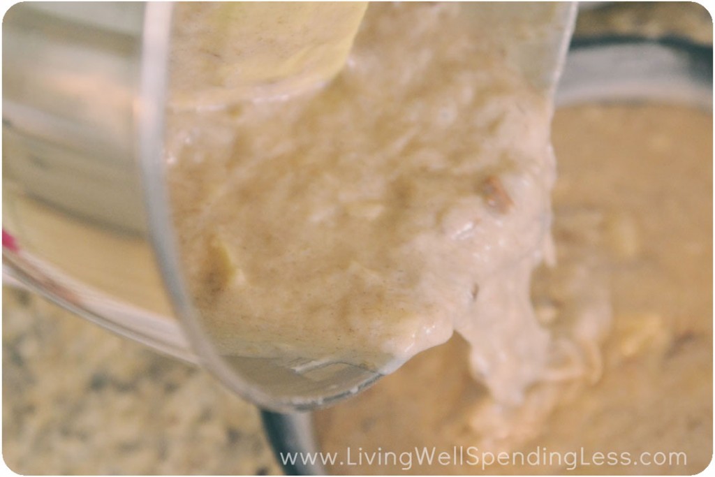 Pour batter evenly into two cake pans. 