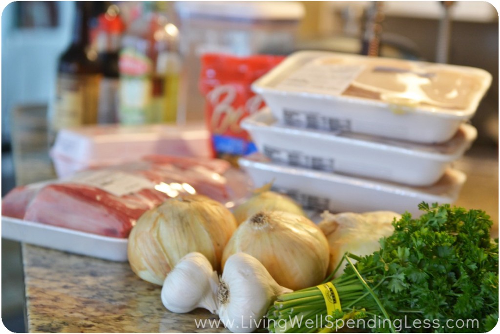 Get your ingredients ready for prepping: onion, garlic, spices, meat and parsley. 