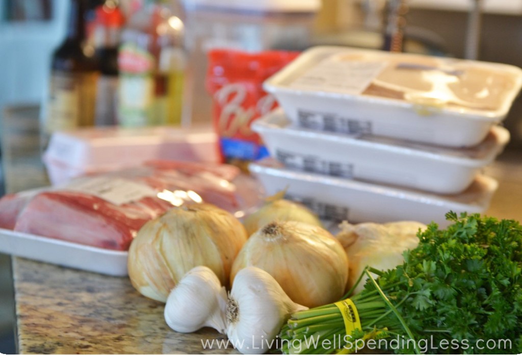 Lay out all your ingredients before starting to cook 10 meals in 1 hour. 