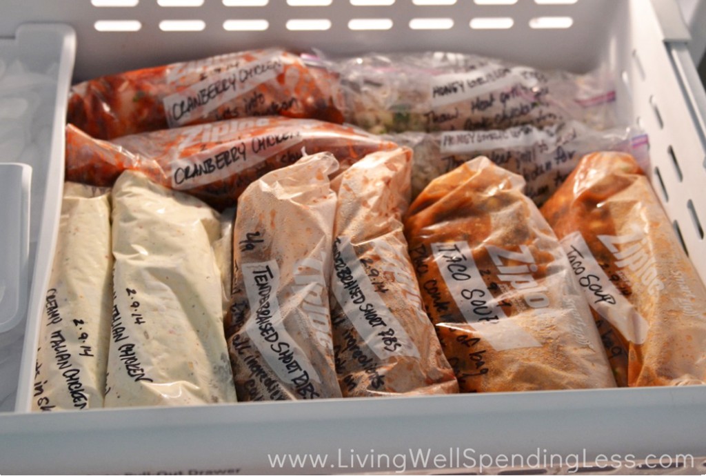 Pre-cooked meals in ziplock bags in the freezer. 