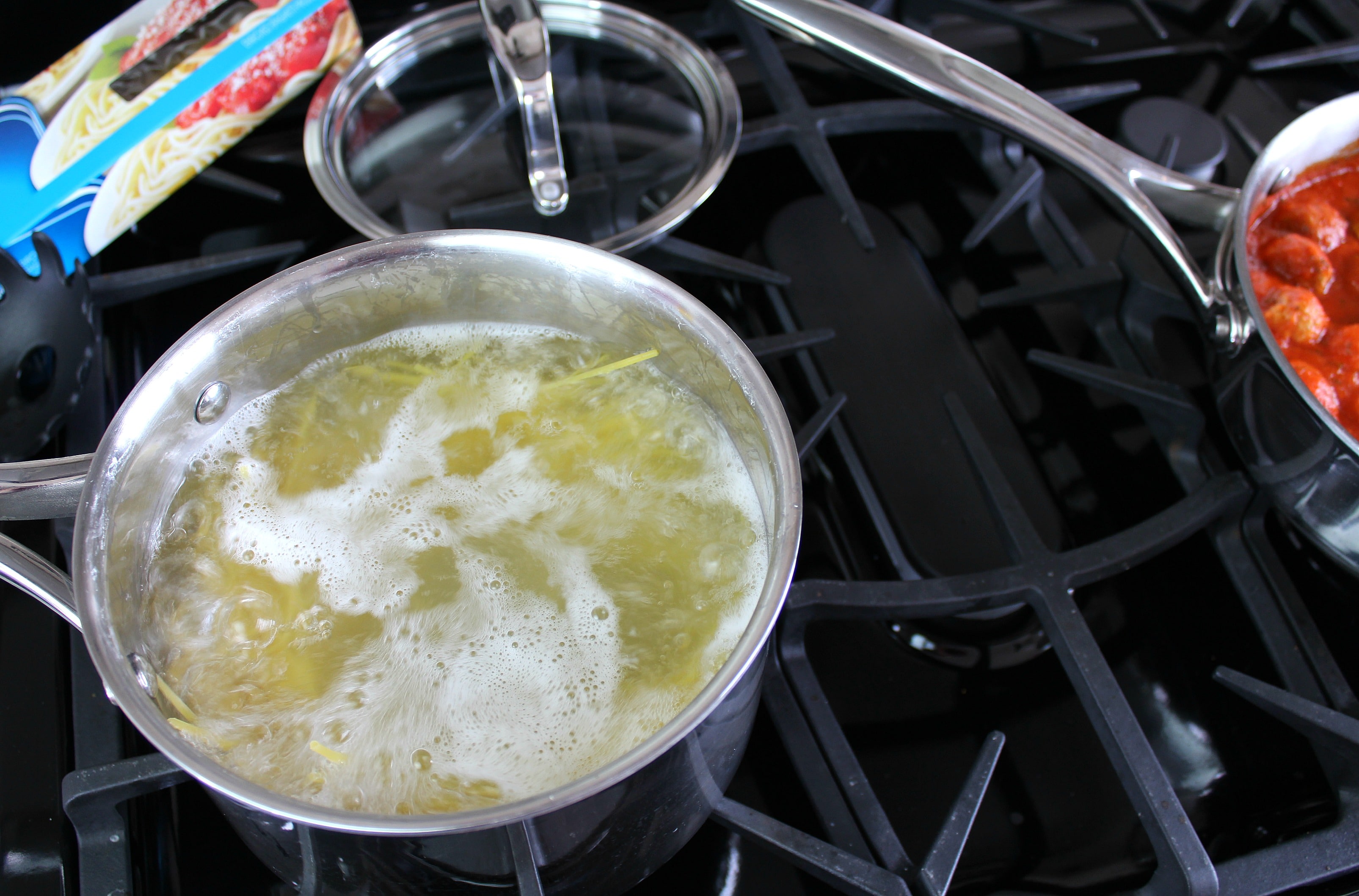 Bring water to a boil and add pasta to cook. 