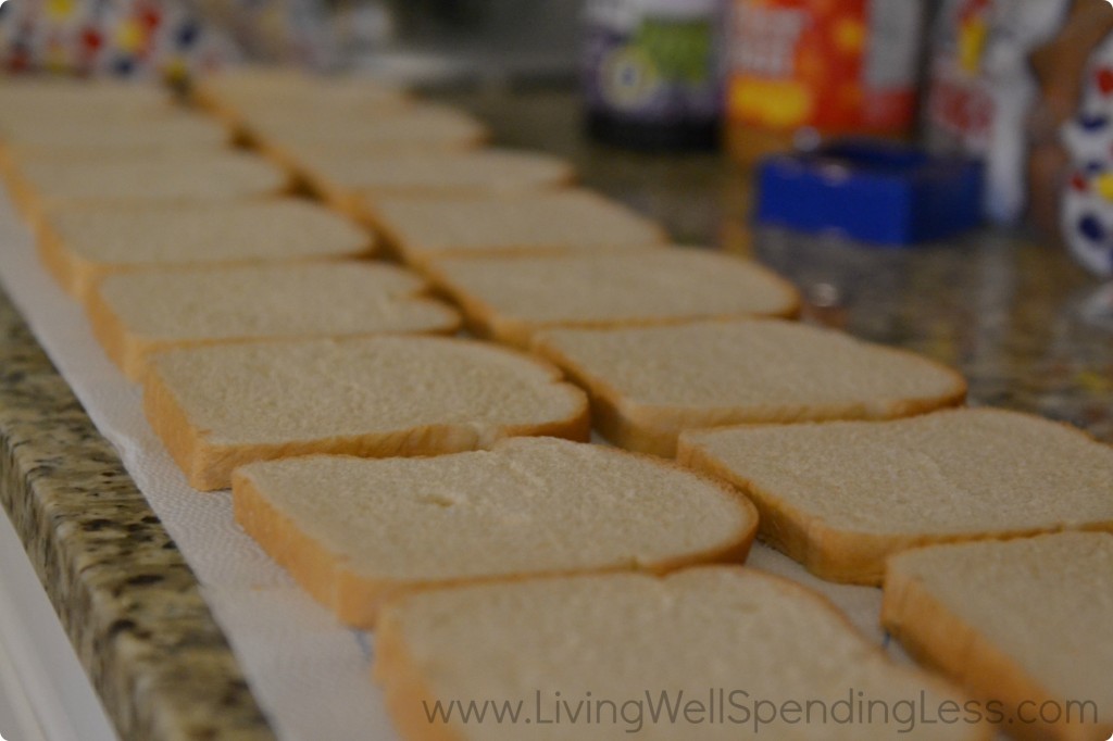 Lay the slices of bread out on the counter in two rows for easy assembly. 