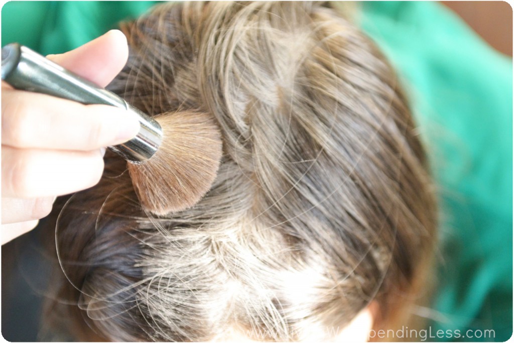 Apply DIY dry shampoo to scalp using a dry brush, then brush through hair.