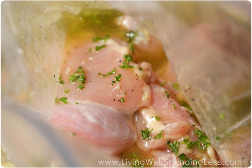 Coat the chicken with the honey, garlic, lemon mixture inside freezer bags. 