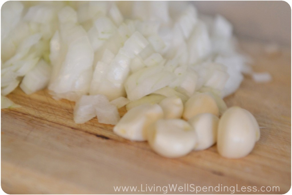 Set chopped onion and garlic aside. 