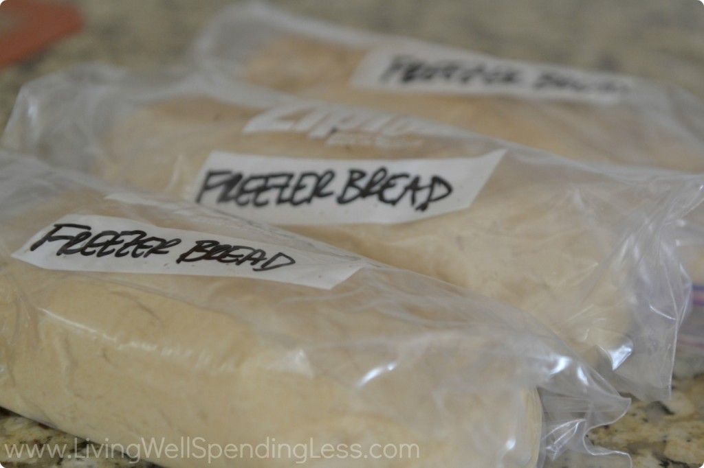 Portion out the dough into 4 loaves and put the loaves you aren't going to bake right away into plastic bags. Make sure to label and date!