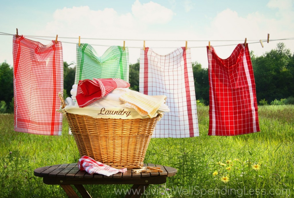 Clean laundry can hand on a line to dry. 