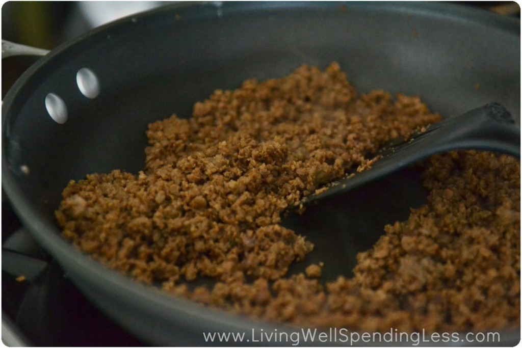 Brown the soy crumbles in a non-stick skillet with a little cooking spray. 