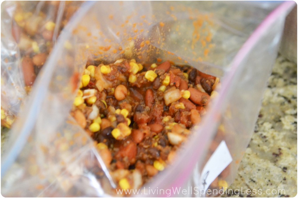 The mixture can be frozen in quart sized freezer bags and heated up any time for a quick weeknight meal. 