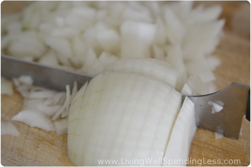 Finely dice onion for the London broil recipe. 