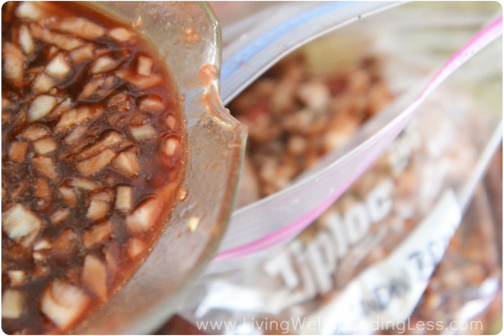 Pour the whisked sauce components over the meat in a Ziploc bag. 