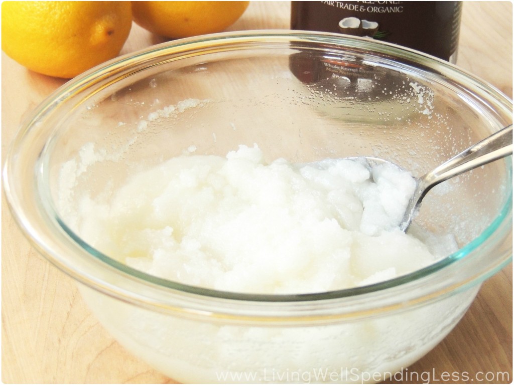 When you've measure the ingredients for your sugar scrub, stir them together to combine. 